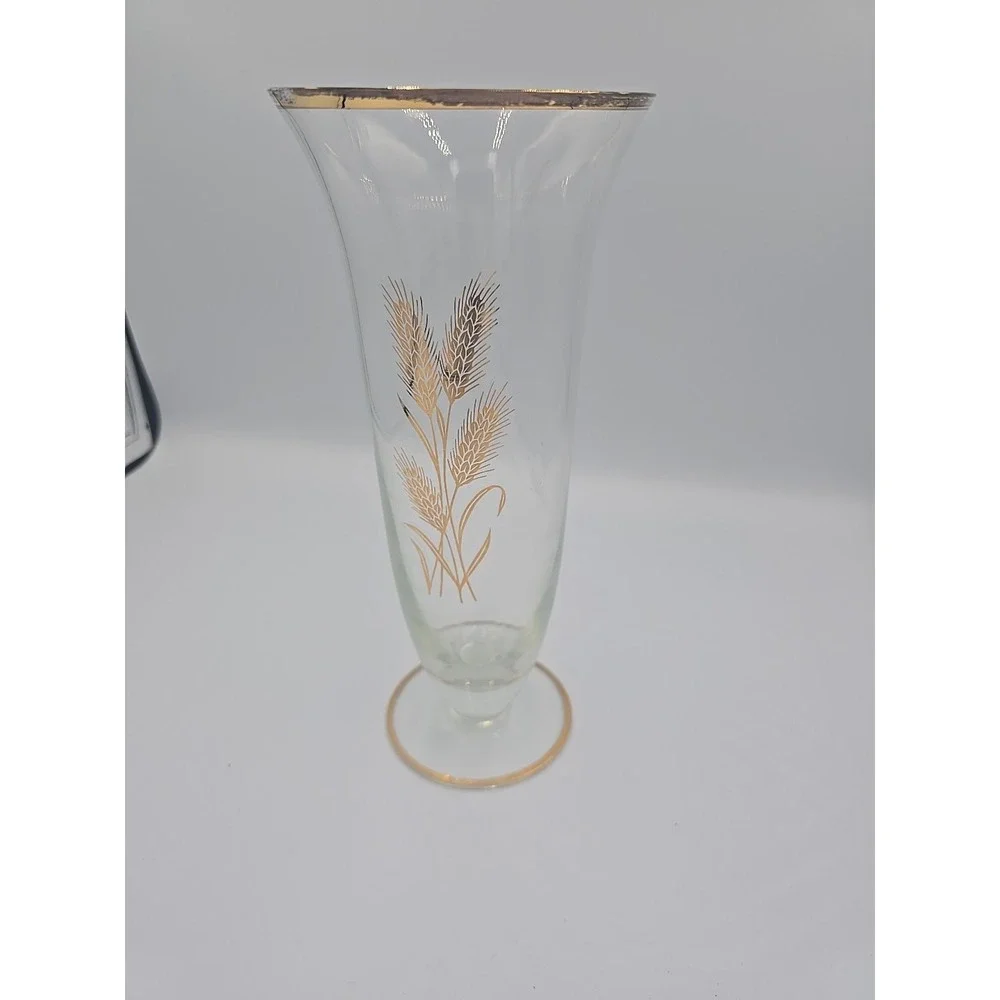 Vintage Clear Bud‎ Vase with Gold Trim and Wheat Pattern 9 1/2